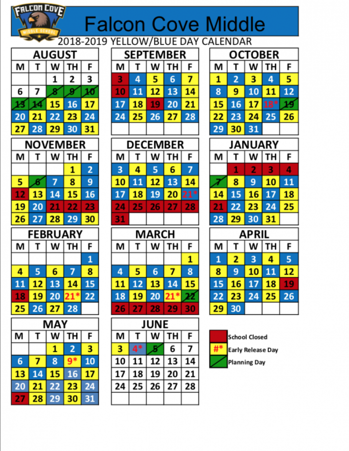 This new schedule shows the Blue days vs. the Yellow days.