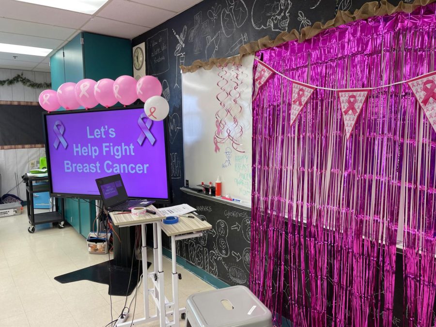 HOSA decorates their classroom to support breast cancer.